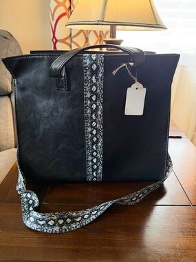 Black Women's Tote with Snake-Print Trim